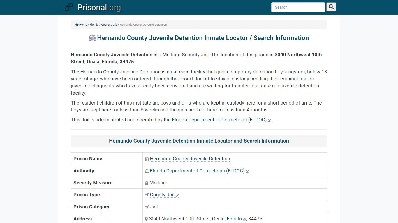 Hernando County Juvenile Detention-Inmate Locator/Search ...